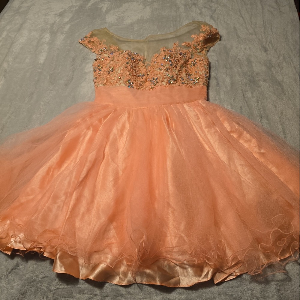 Alyce Paris Cqp Sleeve Beaded Tulle Mini Dress Coral Peach Sz 4 Homecoming Prom